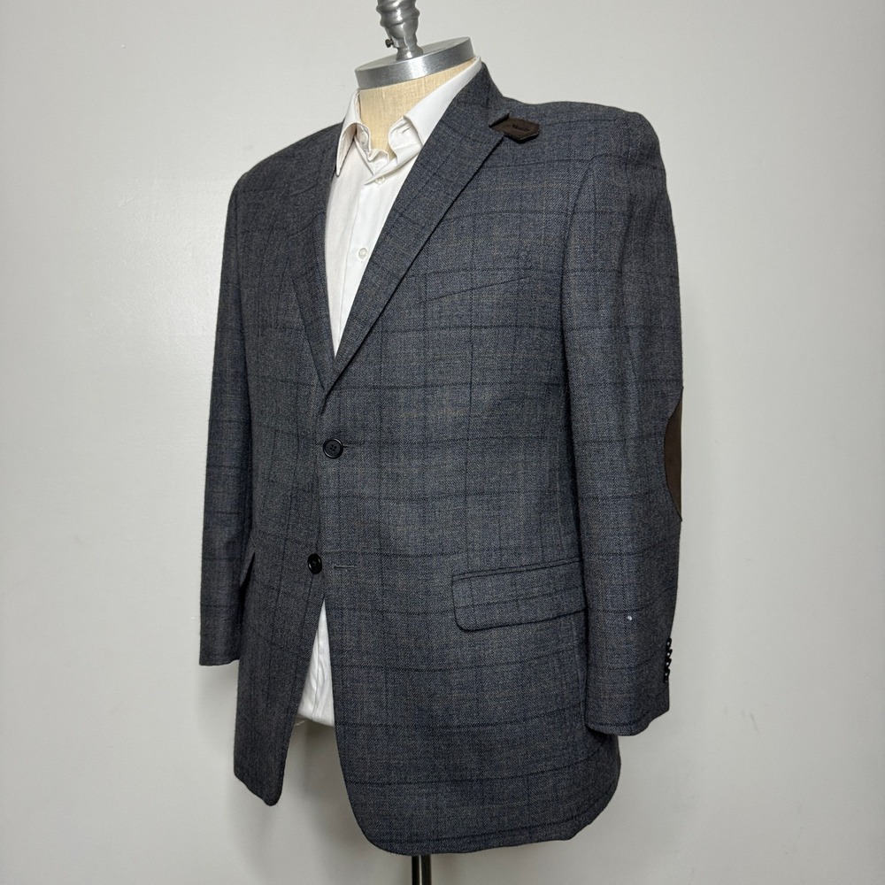 Tommy Hilfiger Blazer Sport Coat Plaid Elbow Patch‎ Gray Mens 44R